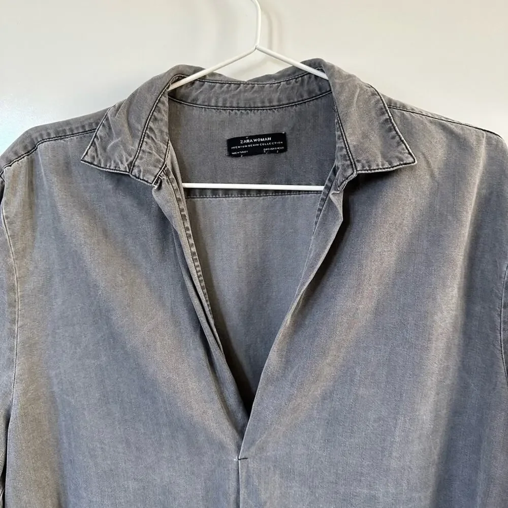 Zara Washed Charcoal Gray V-Neck Button-Tab Blouse - Picture 6 of 13